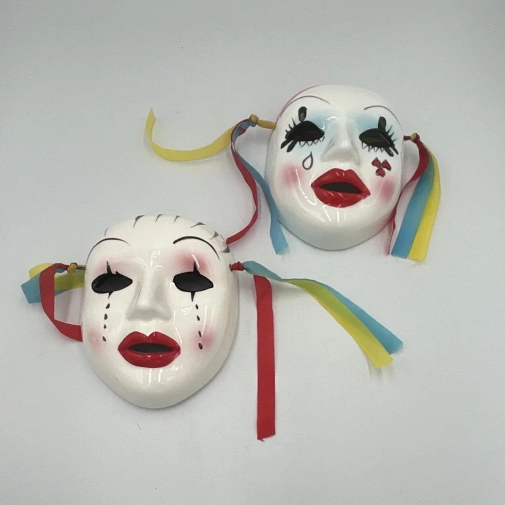 2 White Ceramic Painted carnival Face Masks wall Art